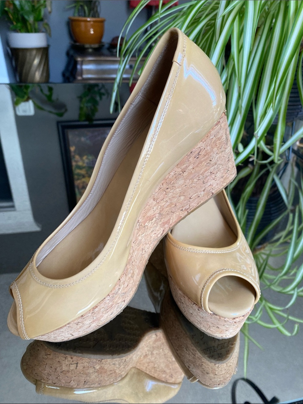 Jimmy Choo Papina Cork Wedge Pumps Beige Patent Peep Toe, Sz. 39 (8)